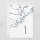Charleston SC Map Wedding Tischnummer Cards (Vorderseite)