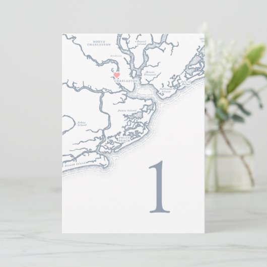 Charleston SC Map Wedding Tischnummer Cards (Stehend Vorderseite)