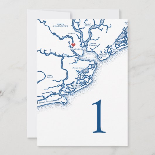 Charleston SC Map Wedding Tischnummer Cards (Vorderseite)