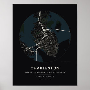 Charleston SC Schwarze Stadtplan-Kunstprint Poster