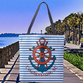 Charleston, SC Ship's Wheel and Anchor Striped Tasche