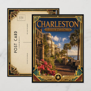 Charleston South Carolina Vintage Art Deco Golden Postkarte