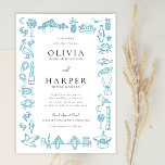 Charleston Toile Border in Blue Wedding Einladung<br><div class="desc">Die Einladung zur Hochzeit enthält skurrile und charmante Illustrationen typischer Charleston-, South Carolina- und Lowcountry-Ikonen, darunter der Sullivan's Island Lighthouse, der Morehouse Lighthouse, die Ravenel Bridge, Pelikane, Palmen, Garnelen, Meeresschildkröten, Austern, Krebsen, Fische, Möwen, Shrimpe und sogar die alte Cooper River Bridge. Auf der Rückseite befindet sich ein optionales Stadtbild von...</div>