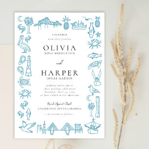 Charleston Toile Border in Blue Wedding Einladung