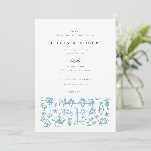 Charleston Toile Border of Blue Engagement Party Einladung (Stehend Vorderseite)