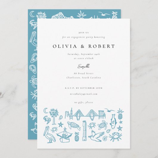 Charleston Toile Border of Blue Engagement Party Einladung (Vorne/Hinten)