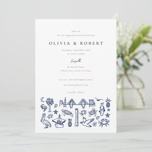 Charleston Toile Border of Navy Engagement Party Einladung (Stehend Vorderseite)