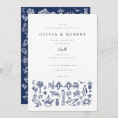 Charleston Toile Border of Navy Engagement Party Einladung (Vorne/Hinten)