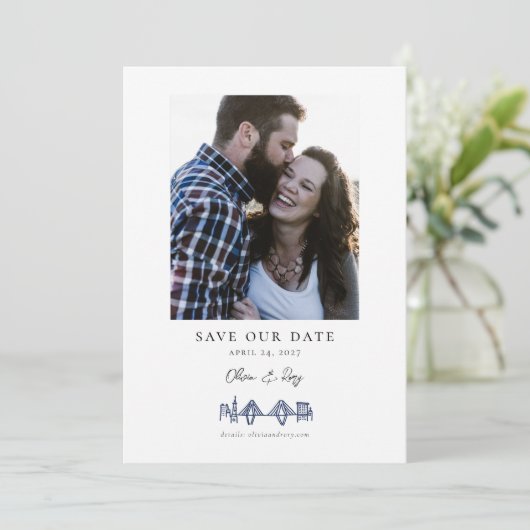 Charleston Toile Skyline Navy Blue Save the Date (Stehend Vorderseite)