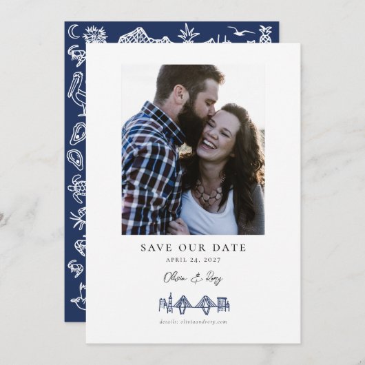 Charleston Toile Skyline Navy Blue Save the Date (Vorne/Hinten)