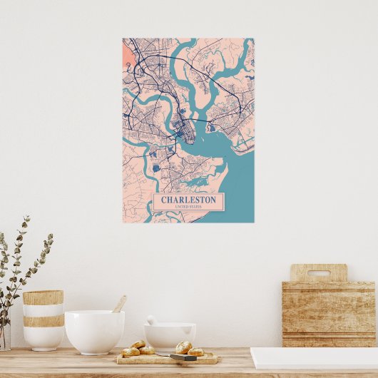 Charleston - United States Breezy City Map  Poster (Küche)