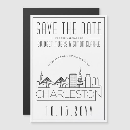 Charleston Wedding|Stylisierte Skyline Save the Da Magneteinladung (Vorne/Hinten)