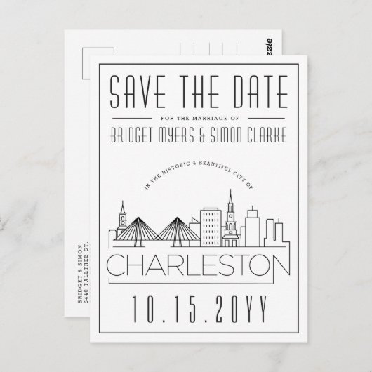 Charleston Wedding Stylized Skyline Save the Date Postkarte (Vorne/Hinten)
