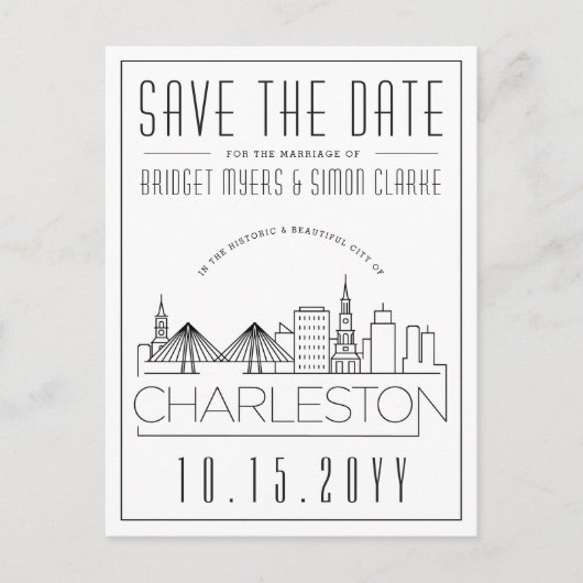 Charleston Wedding Stylized Skyline Save the Date Postkarte (Vorderseite)