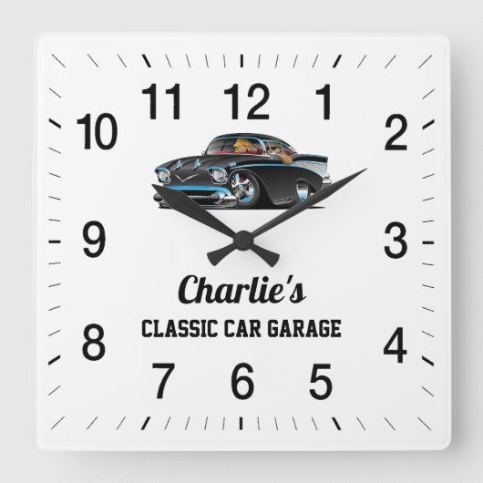 Charlie's Classic Car Garage Quadratische Wanduhr (Vorderseite)
