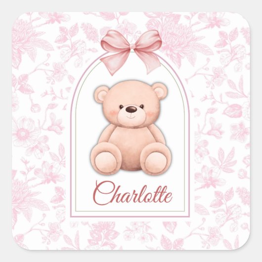 Charlotte | Benutzerdefiniertes rosa Teddy-Bär-Kin Quadratischer Aufkleber (Vorderseite)