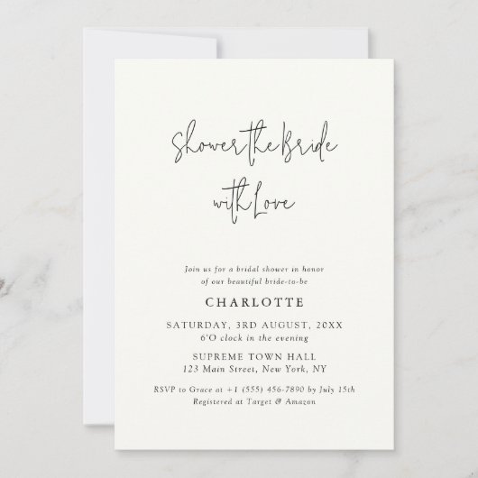 CHARLOTTE Modern Ivory Script Brautparty Einladung (Vorderseite)