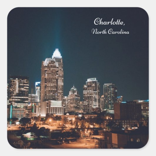 Charlotte North Carolina City Skyline Night Quadratischer Aufkleber (Vorderseite)