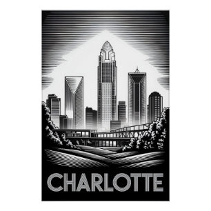 Charlotte North Carolina Schwarz Weiß Holzschnitt Poster