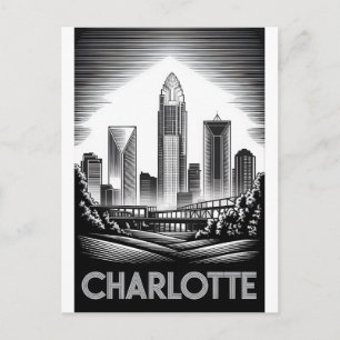 Charlotte North Carolina Schwarz Weiß Holzschnitt Postkarte