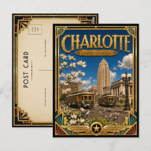 Charlotte North Carolina Vintage Art Deco Golden Postkarte