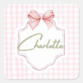 Charlotte Personalisiert Pink Bow & Gingham Print Quadratischer Aufkleber (Vorderseite)
