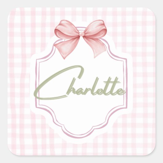 Charlotte Personalisiert Pink Bow & Gingham Print Quadratischer Aufkleber (Vorderseite)