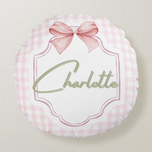 Charlotte Personalisiert Pink Bow & Gingham Print Rundes Kissen (Vorderseite)