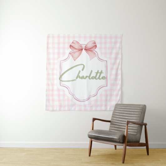 Charlotte Personalisiert Pink Bow & Gingham Print Wandteppich (Beispiel)