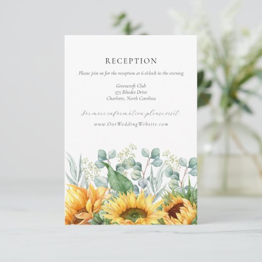 Charlotte Rustic Sonnenblumen Hochzeitsempfang Begleitkarte (Stehend Vorderseite)