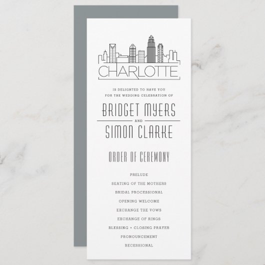 Charlotte Stylized Skyline | Hochzeitsprogramm Einladung (Vorne/Hinten)
