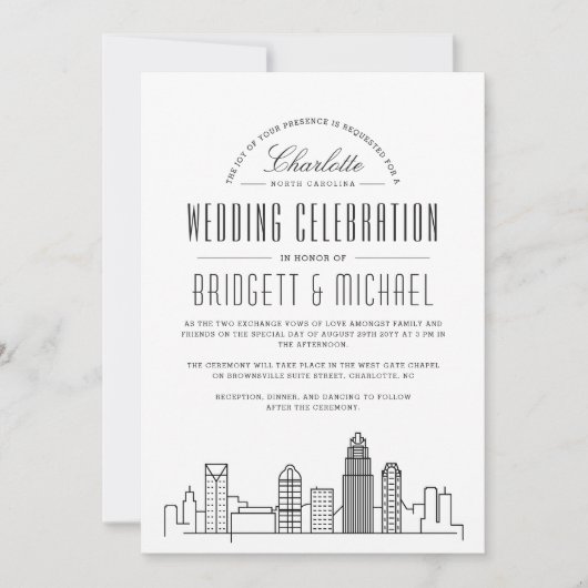 Charlotte Wedding | Moderner Deko City Skyline Einladung (Vorderseite)