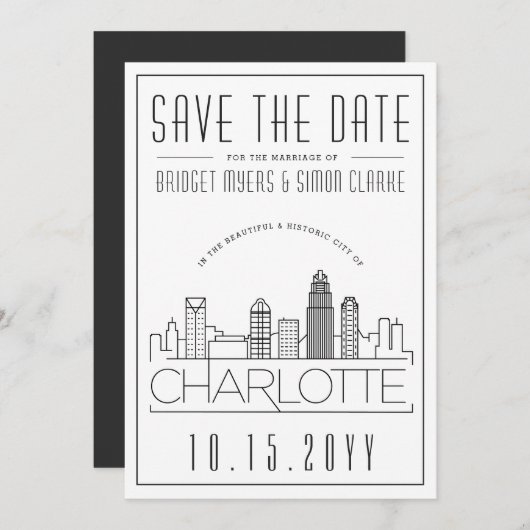 Charlotte Wedding | Stilisierte Skyline Save the D Einladung (Vorne/Hinten)
