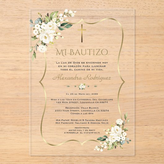 Charm Bautizo Con Blanca Flores Gold Taufe Acryleinladungen (Vorderseite)