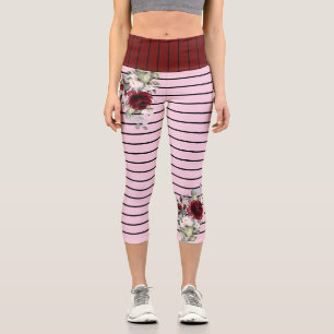 Charm Black Pink Stripes Burgundy Blume Muster Capri Leggings