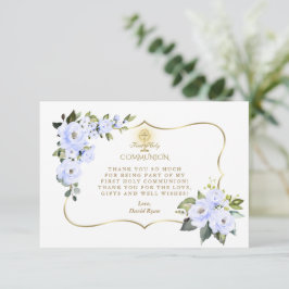 Charm Blue Floral Gold Cross Boy Heilige Kommune Dankeskarte