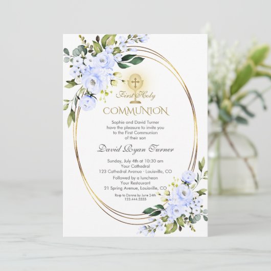 Charm Blue Flowers Boy Gold First Heilige Kommune Einladung (Stehend Vorderseite)