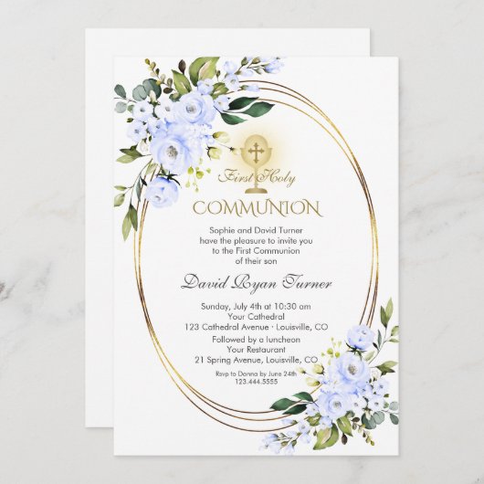 Charm Blue Flowers Boy Gold First Heilige Kommune Einladung (Vorne/Hinten)