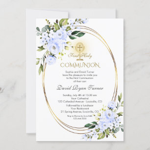 Charm Blue Flowers Boy Gold First Heilige Kommune Einladung