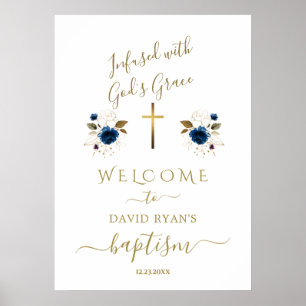Charm Blue Flowers Gold Boy Taufe Begrüßungszeiche Poster