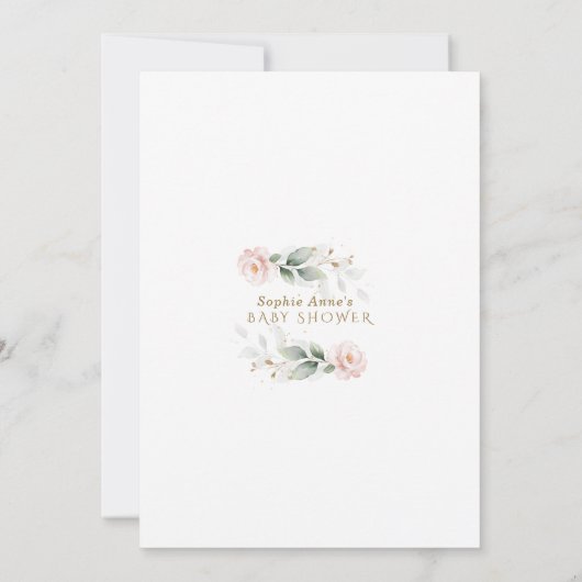 Charm Blush Blume Gold Blätter Baby in Bloom Einladung (Rückseite)