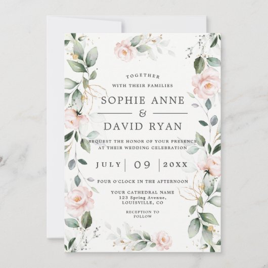 Charm Blush Blume Gold Blätter in einer Hochzeit Einladung (Vorderseite)