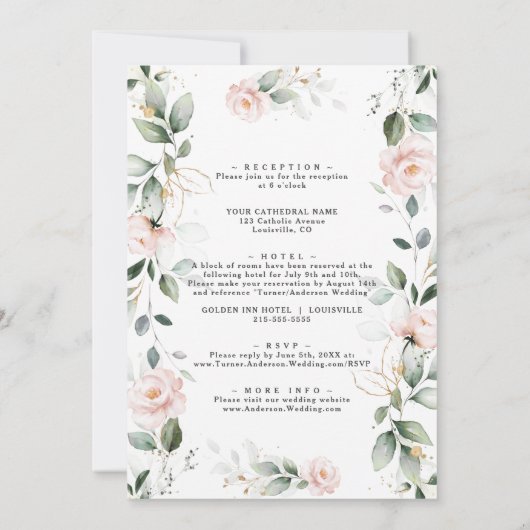 Charm Blush Blume Gold Blätter in einer Hochzeit Einladung (Rückseite)