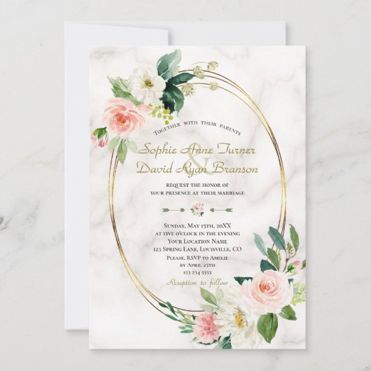 Charm Blush Cream Blume Marmorgoldene Hochzeit Einladung (Vorderseite)