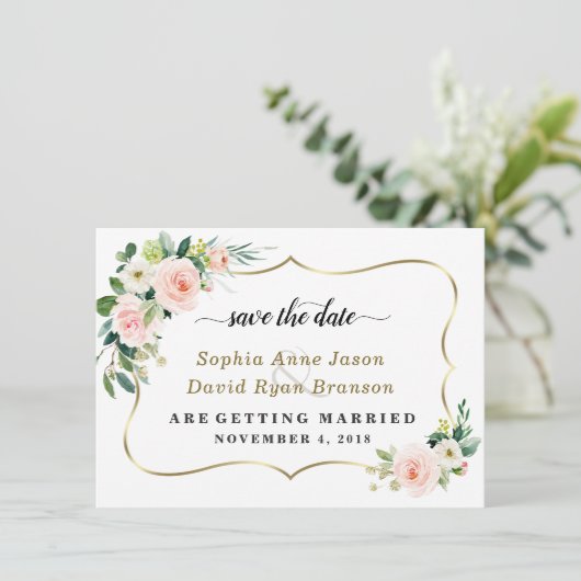 Charm Blush ElfenbeinBlume Hochzeitkalligraphie Save The Date (Stehend Vorderseite)