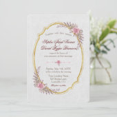 Charm Blush Floral Gold Rahmen White Wedite Einlad Einladung (Stehend Vorderseite)