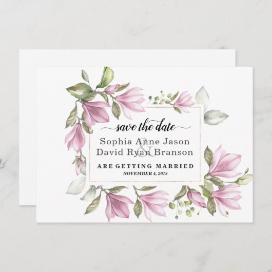 Charm Blush Magnolia Blume Hochzeitkalligraphie Save The Date (Vorne/Hinten)
