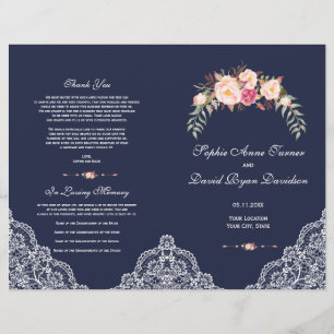 Charm Blush Pink Blume Lace Navy Hochzeitsprogramm