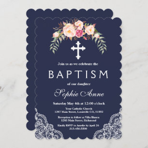 Charm Blush Pink Blume Lace Navy Taufe Einladung