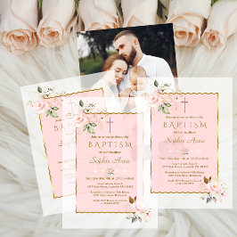 Charm Blush Pink Gold Flowers Girl Baptism Pergament Einladungen